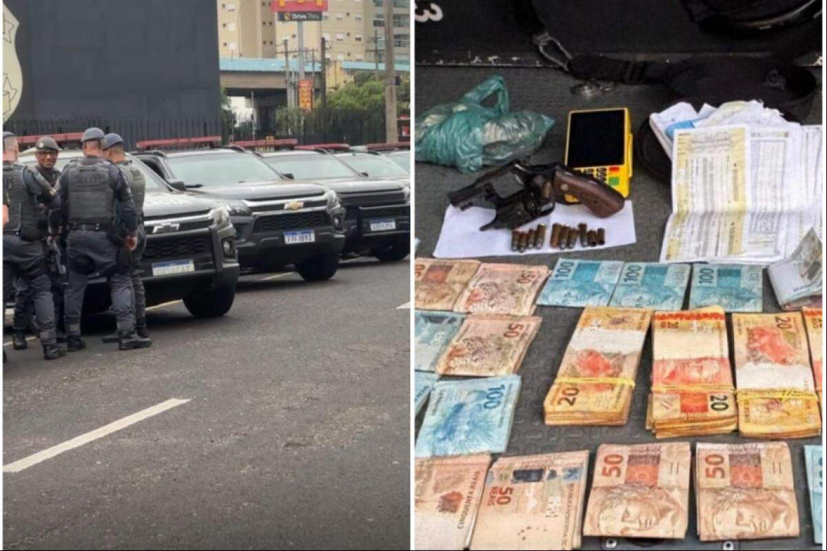 Mobilização policial durante a operação; dinheiro e itens apreendidos